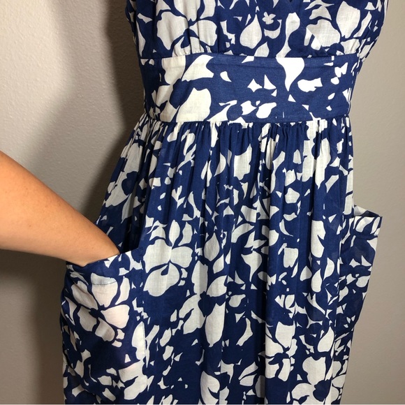 American Eagle Cotton Blue Ivory Flowy Skirt Pockets Floral Straps Lined Dress 6 - Picture 5 of 13